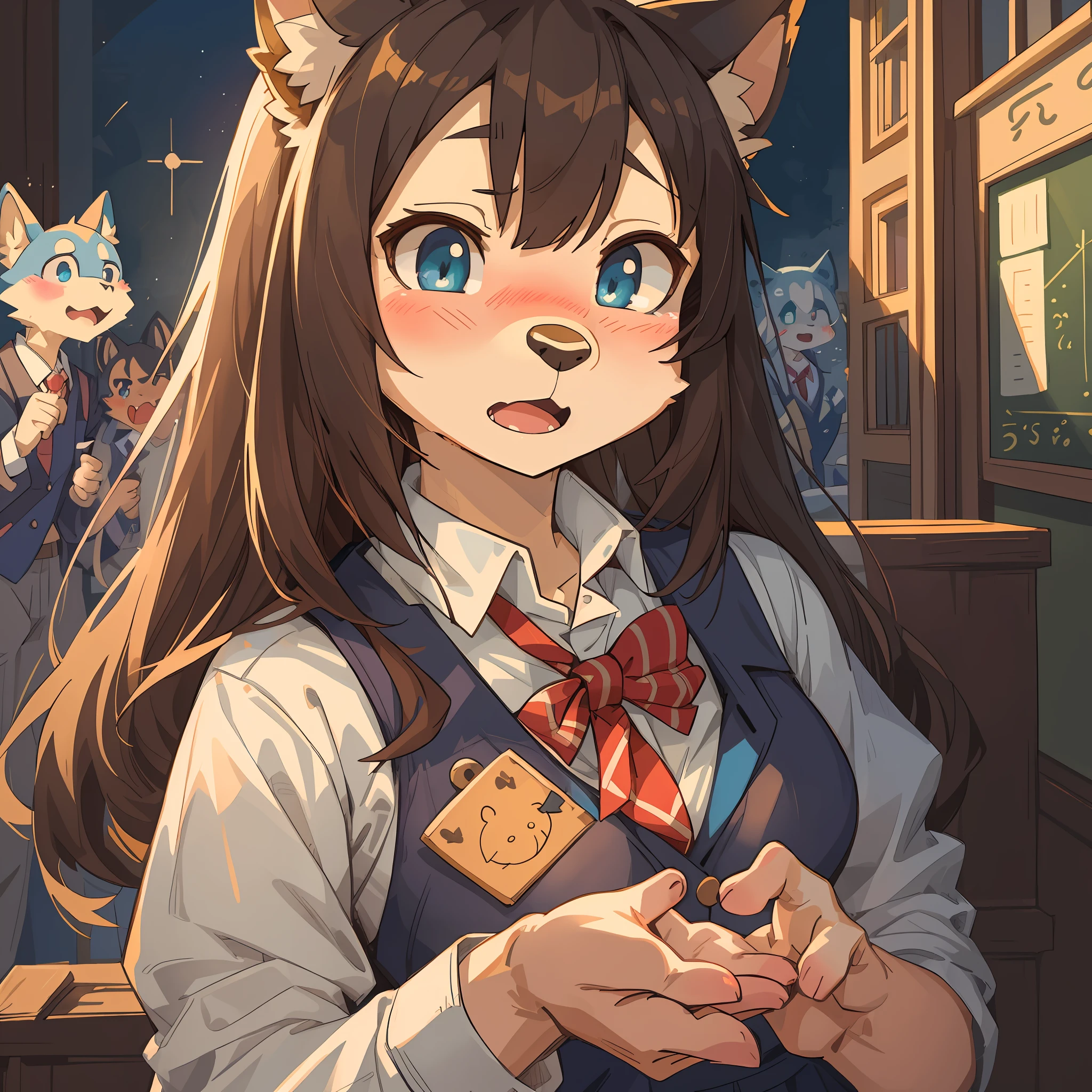 top quality, best quality, High-quality illustrations, masterpiece, super high resolution, detailed background, detailed background, School Uniforms, class, reaching out, embarrassed, blush, group shot:0.1, 6+boys, 6+girls, absurdres(highly detailed beautiful face and eyes)perfect anatomy, expression, good lighting, cinematic shadow(kemono, furry anthro),