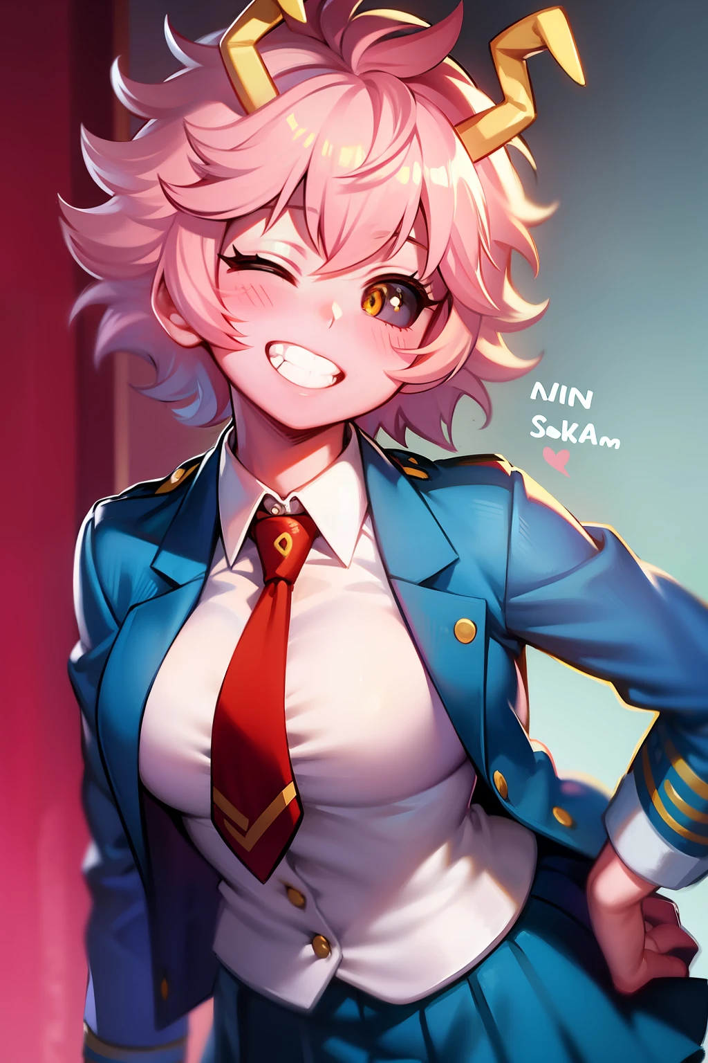 mina ashido, 1 garota, Sozinho, seios, Olhando para o visualizador, blEMsh, sorriso, cabelo curto, saia, camisa, mangas compridas, school EMniform, jaqueta, olhos amarelos, cabelo rosa, Coração, pleated saia, Um Olho Fechado, gravata, chifres, sorriso, nome do personagem, blEMe saia, mão no quadril, v, pele colorida, blazer, red gravata, esclera colorida, esclera negra, pele rosa, EM.a. school EMniform