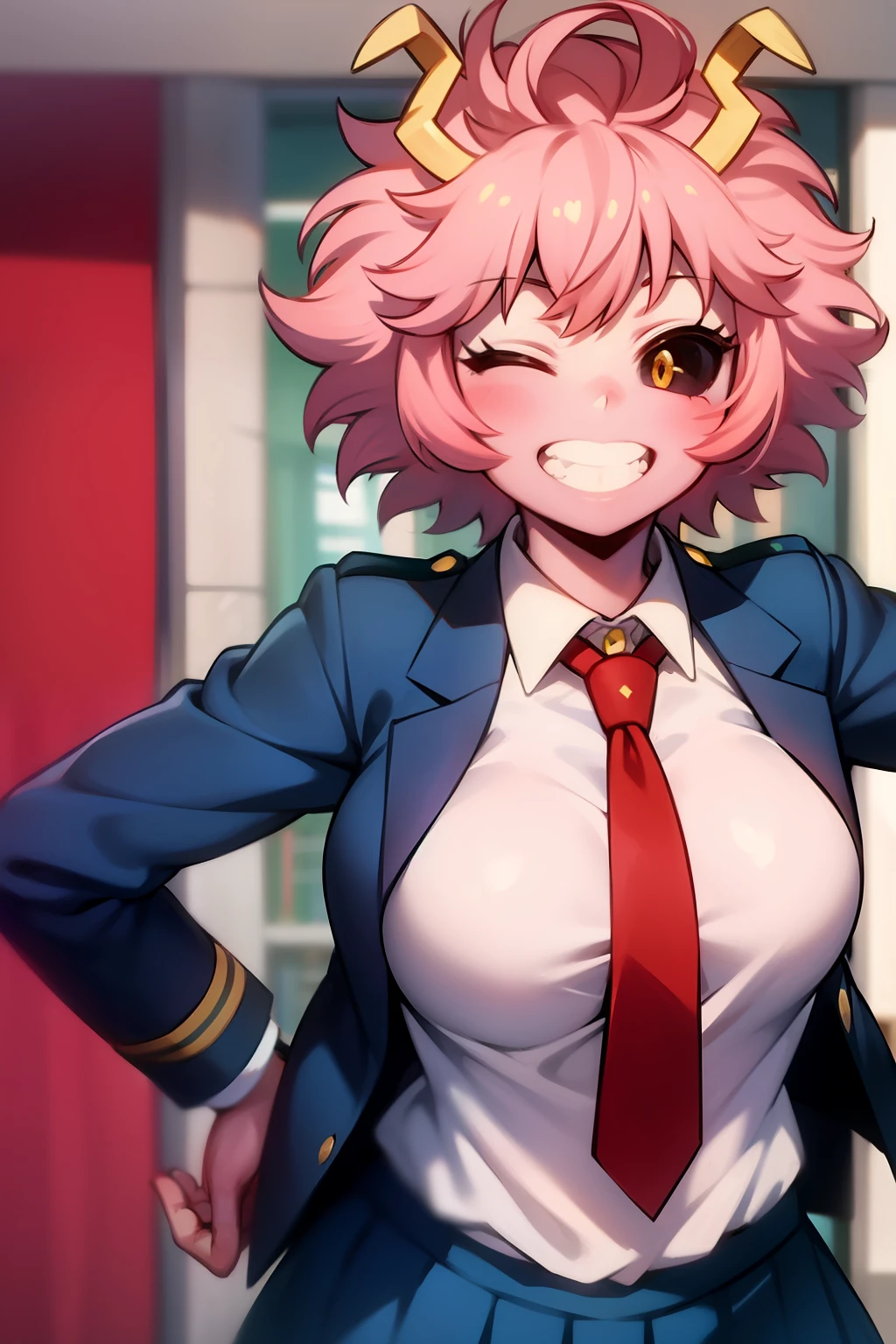 mina ashido, 1 garota, Sozinho, seios, Olhando para o visualizador, blEMsh, sorriso, cabelo curto, saia, camisa, mangas compridas, school EMniform, jaqueta, olhos amarelos, cabelo rosa, Coração, pleated saia, Um Olho Fechado, gravata, chifres, sorriso, nome do personagem, blEMe saia, mão no quadril, v, pele colorida, blazer, red gravata, esclera colorida, esclera negra, pele rosa, EM.a. school EMniform