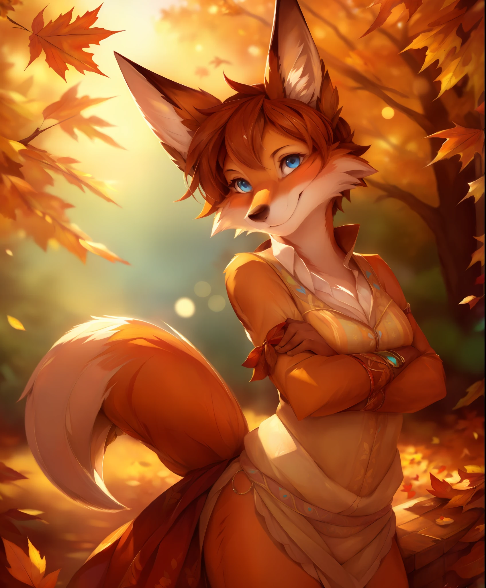 a beautiful and detailed portrait of a fox, autumn, ((bokeh)), blush seductive, standing, posing, einshelm, honovy hioshiru personalami,happy, smile, blue eyes