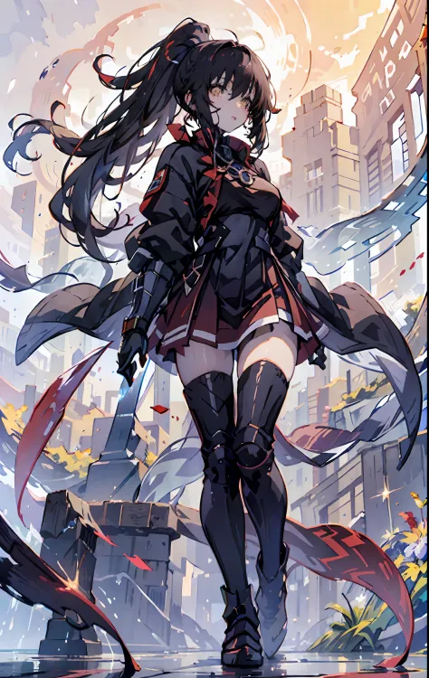 ((Girl)), ((Gorgeous bloody night sky, Background)), (golden blades on the ground) ,((Ultra Definition)), ((Best Illustration)),...