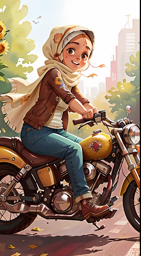 A hijab girl ride a harley Davidson, nature, Watercolor, full body view, perfect quality, (masterpiece: 1.2)  (Bokeh background) (Best quality) (Detailed Skin: 1.3) (Intricate Details) (8K) (Detail Eyes) (Sharp Focus), (Happy), best lighting