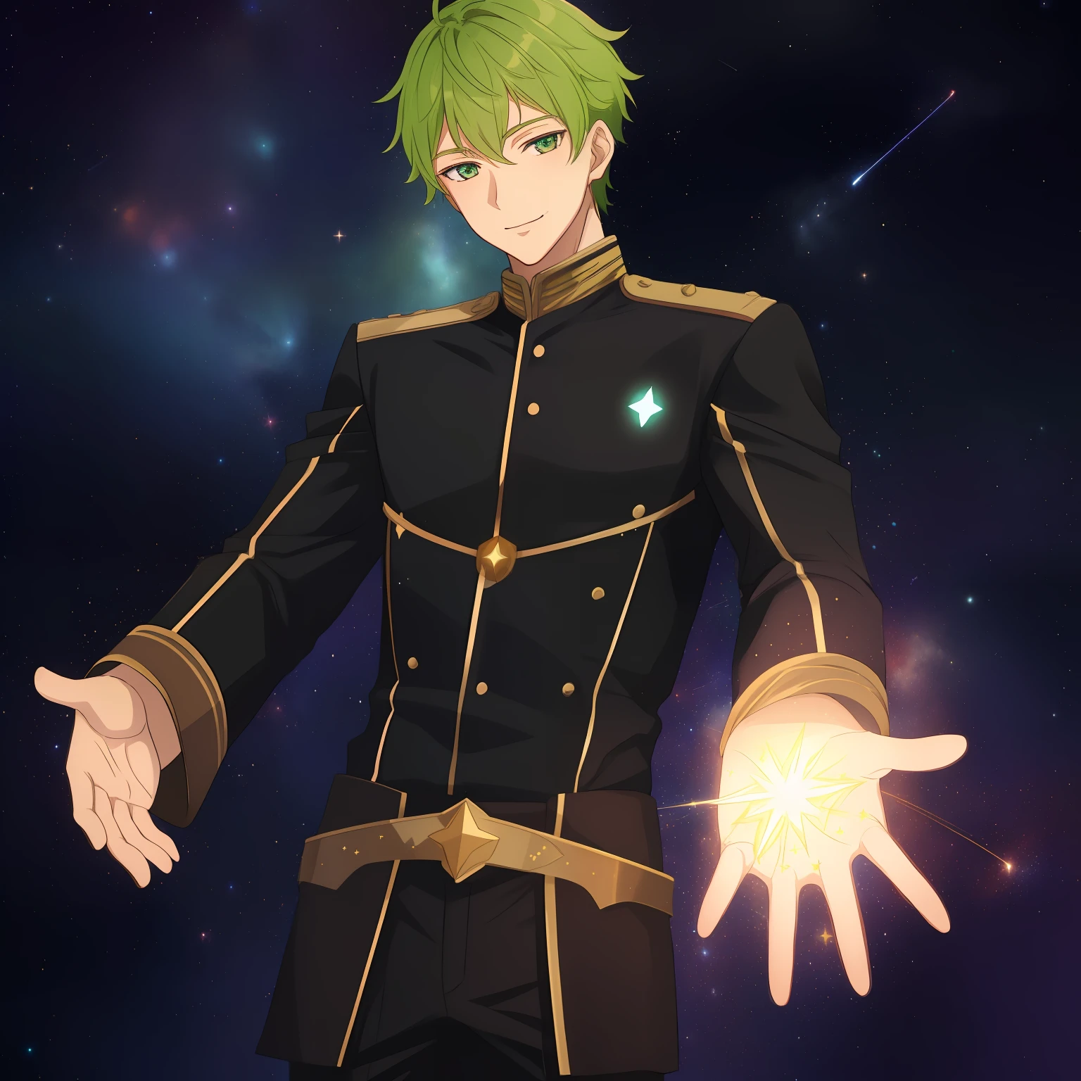 1boy, guy, green_hair, short_hair, solo, full body shot, purple_uniform, star on the chest, glowing hands, energy hands, movie poster, defined face, smile, galactic, star, starry sky, space opera, epic, (masterpiece:1.2), (high quality:1.2), defined face