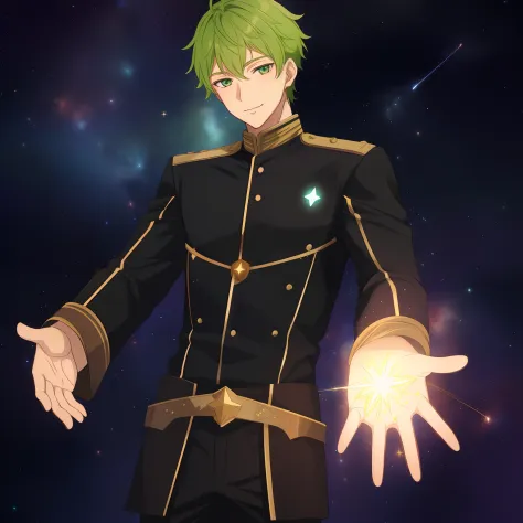 1boy, guy, green_hair, short_hair, solo, full body shot, purple_uniform, star on the chest, glowing hands, energy hands, movie p...