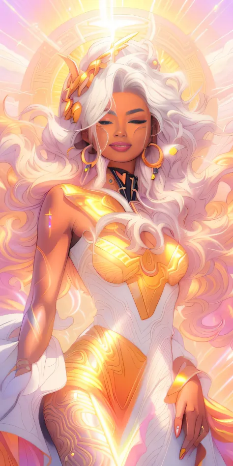 a drawing of a woman with white hair and a yellow dress, rossdraws | afrofuturism, rossdraws cartoon vibrant, orange yellow ethe...