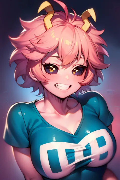 mina ashido, 1girl, solo, breasts, short hair, medium breasts, shirt, white background, collarbone, yellow eyes, upper body, pink hair, short sleeves, horns, teeth, colored skin, blue shirtteeth, happy, colored sclera, emphasis lines, black sclera, pink sk...