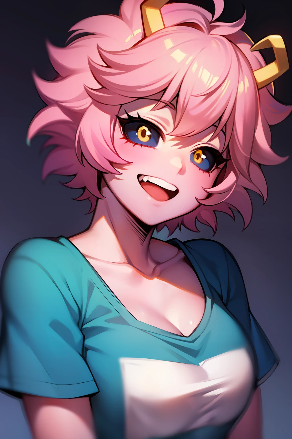 mina ashido, 1girl, solo, breasts, short hair, medium breasts, shirt, white background, collarbone, yellow eyes, upper body, pink hair, short sleeves, horns, teeth, colored skin, blue shirtteeth, happy, colored sclera, emphasis lines, black sclera, pink skin