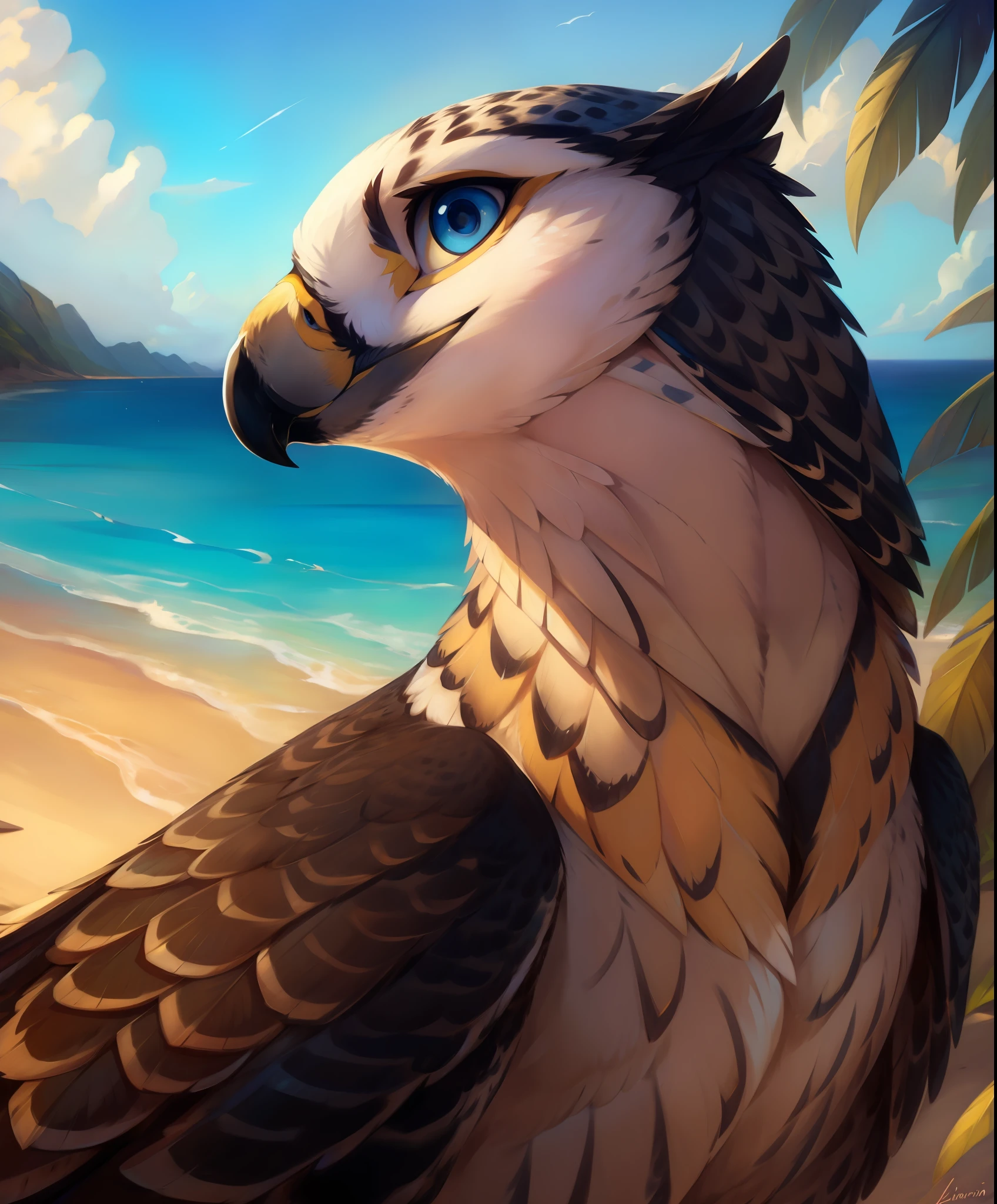 einshelm, honovy hioshiru personalami, ((peregrine falcon)), beak, avian, feathers, female, beach,  ((smile)), blue eyes, close up