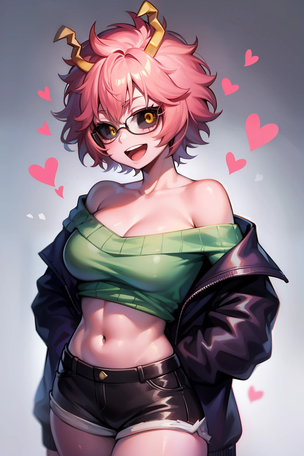 mina ashido, 1girl, solo, looking at viewer, smile, short hair, open mouth, simple background, long sleeves, white background, bare shoulders, collarbone, yellow eyes, pink hair, :d, heart, cowboy shot, horns, shorts, off shoulder, sweater, hand on hip, v, colored skin, black shorts, colored sclera, black sclera, off-shoulder sweater, pink skin, v over eye, purple sweater