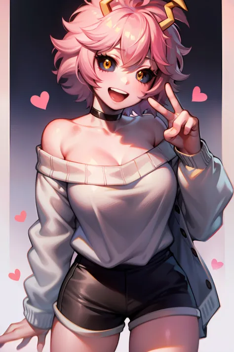 mina ashido, 1girl, solo, looking at viewer, smile, short hair, open mouth, simple background, long sleeves, white background, bare shoulders, collarbone, yellow eyes, pink hair, :d, heart, cowboy shot, horns, shorts, off shoulder, sweater, hand on hip, v,...