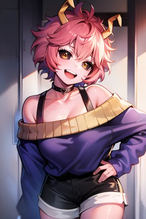 mina ashido, 1girl, solo, looking at viewer, smile, short hair, open mouth, simple background, long sleeves, white background, bare shoulders, collarbone, yellow eyes, pink hair, :d, heart, cowboy shot, horns, shorts, off shoulder, sweater, hand on hip, v,...