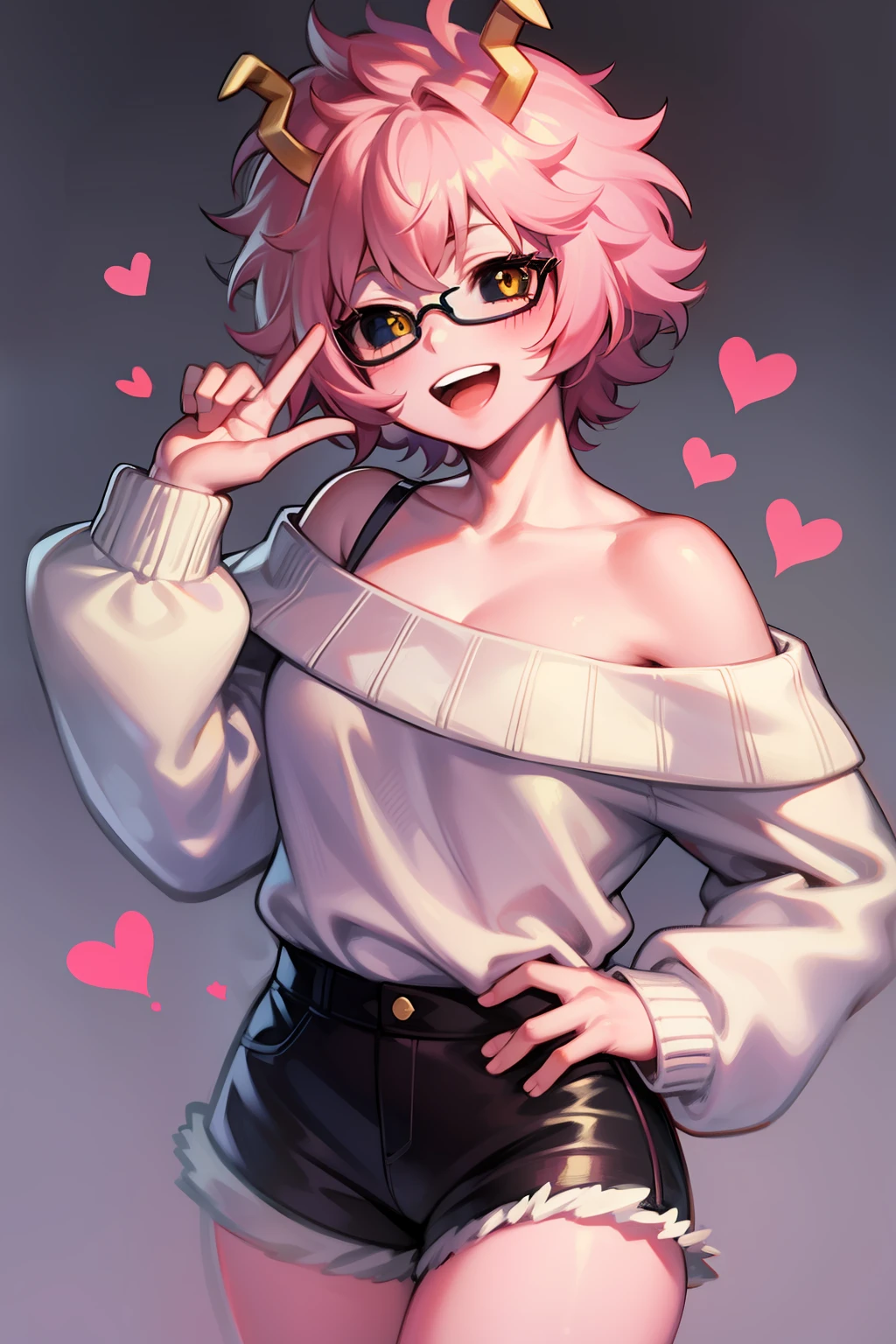 mina ashido, 1girl, solo, looking at viewer, smile, short hair, open mouth, simple background, long sleeves, white background, bare shoulders, collarbone, yellow eyes, pink hair, :d, heart, cowboy shot, horns, shorts, off shoulder, sweater, hand on hip, v, colored skin, black shorts, colored sclera, black sclera, off-shoulder sweater, pink skin, v over eye, purple sweater