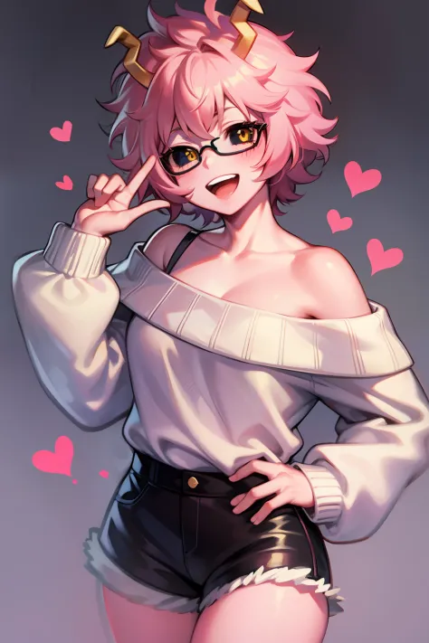 mina ashido, 1girl, solo, looking at viewer, smile, short hair, open mouth, simple background, long sleeves, white background, b...