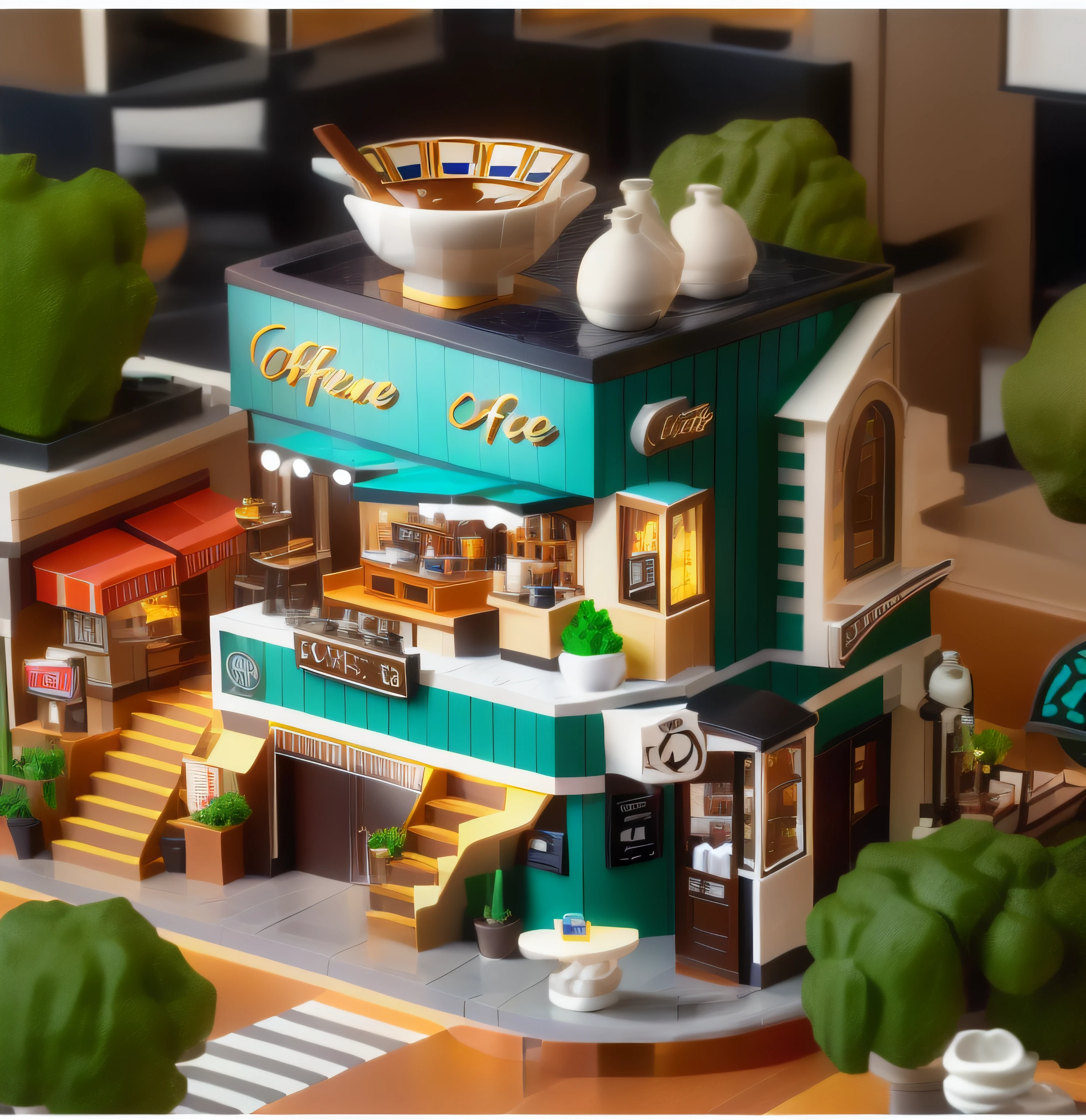 Es gibt ein Miniaturmodell eines Cafés，Hochdetaillierter visueller Espresso, stilisiertes 3D-Rendering, hyperdetailliertes 3D-Rendering, hyperdetailliertes 3D-Rendering, 3D-Stilisierte Szene, hyperdetaillierte Szene, 3D-Rendering stilisiert, sehr detailliertes Szenario, hochdetailliertes 3D-Rendering, hochdetailliertes 3D-Rendering, Miniatur-Café-Diorama