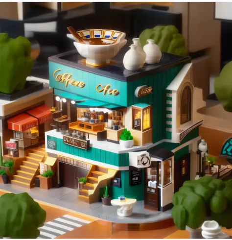 there is a miniature model of a coffee shop，highly detailed visual espresso, stylized 3d render, hyper detailed 3d render, hyper...