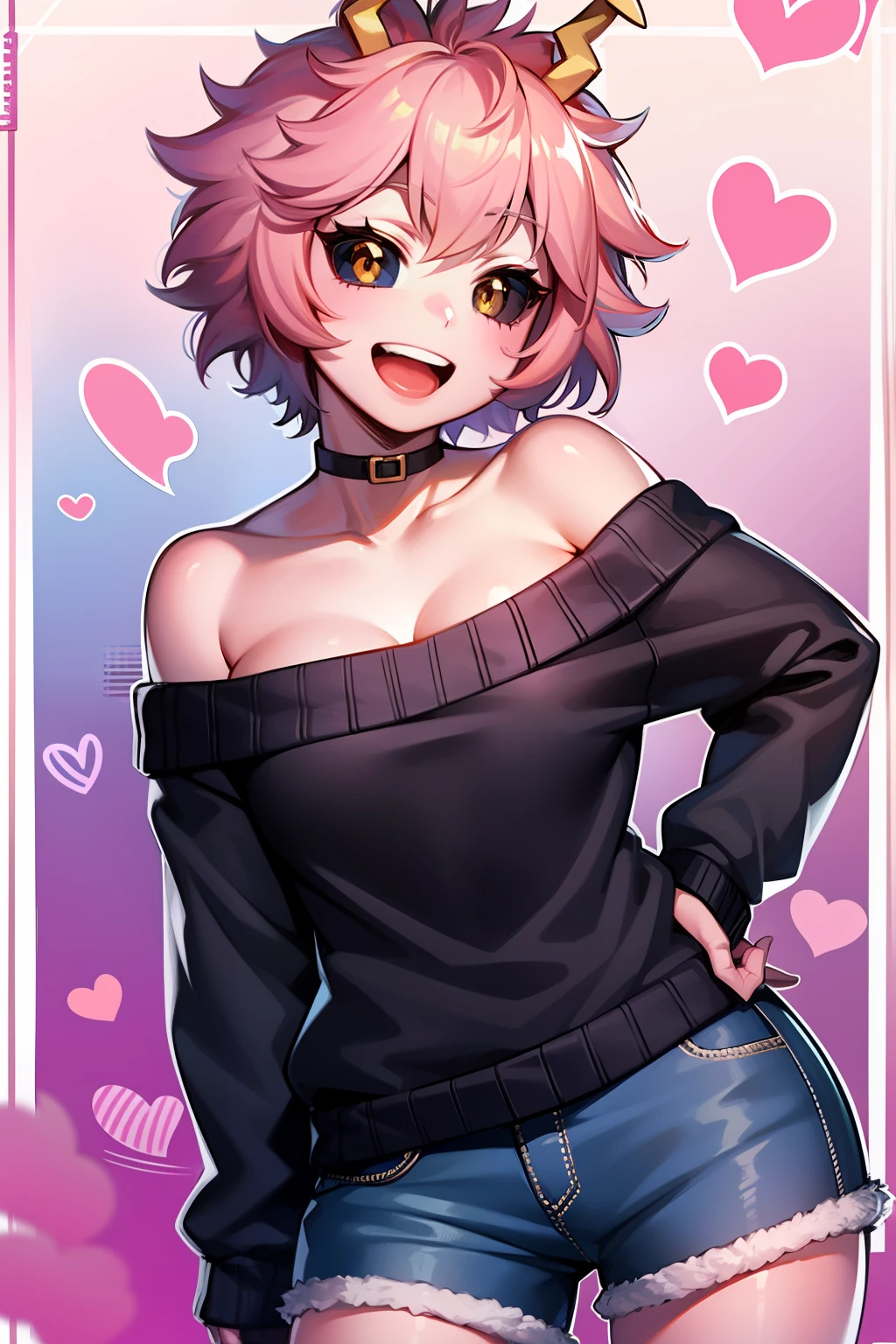 mina ashido, 1girl, solo, looking at viewer, smile, short hair, open mouth, simple background, long sleeves, white background, bare shoulders, collarbone, yellow eyes, pink hair, :d, heart, cowboy shot, horns, shorts, off shoulder, sweater, hand on hip, v, colored skin, black shorts, colored sclera, black sclera, off-shoulder sweater, pink skin, v over eye, purple sweater