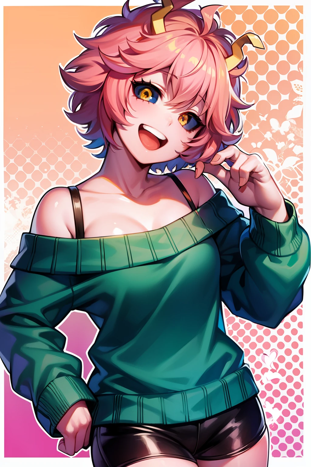 mina ashido, 1girl, solo, looking at viewer, smile, short hair, open mouth, simple background, long sleeves, white background, bare shoulders, collarbone, yellow eyes, pink hair, :d, heart, cowboy shot, horns, shorts, off shoulder, sweater, hand on hip, v, colored skin, black shorts, colored sclera, black sclera, off-shoulder sweater, pink skin, v over eye, purple sweater