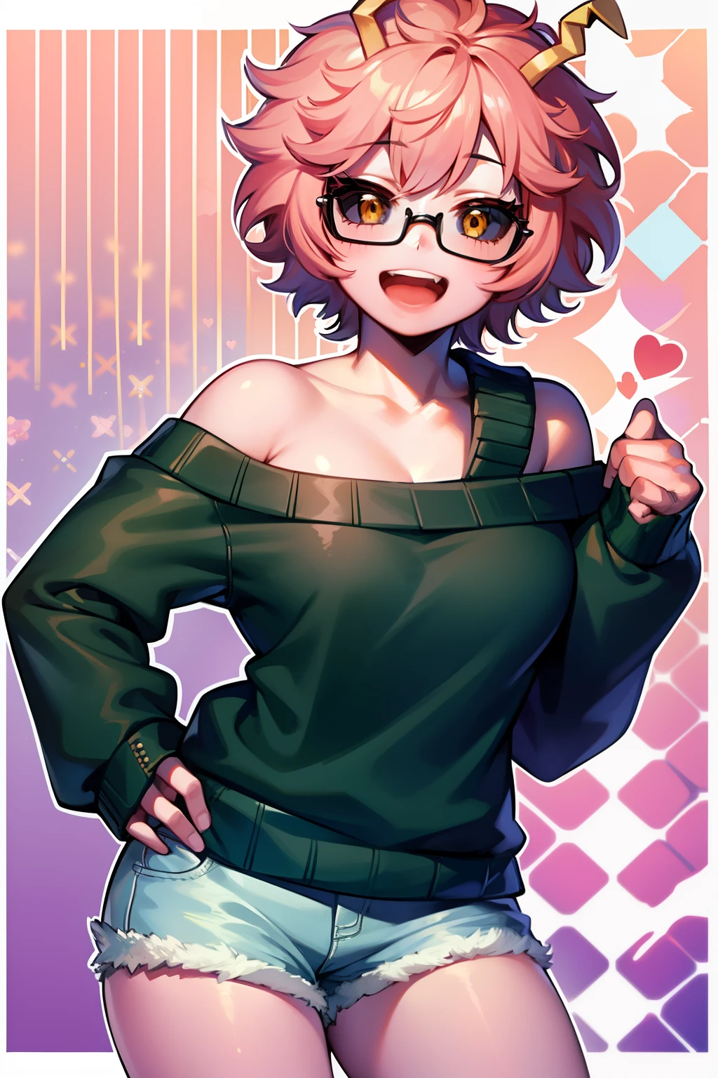 mina ashido, 1girl, solo, looking at viewer, smile, short hair, open mouth, simple background, long sleeves, white background, bare shoulders, collarbone, yellow eyes, pink hair, :d, heart, cowboy shot, horns, shorts, off shoulder, sweater, hand on hip, v, colored skin, black shorts, colored sclera, black sclera, off-shoulder sweater, pink skin, v over eye, purple sweater