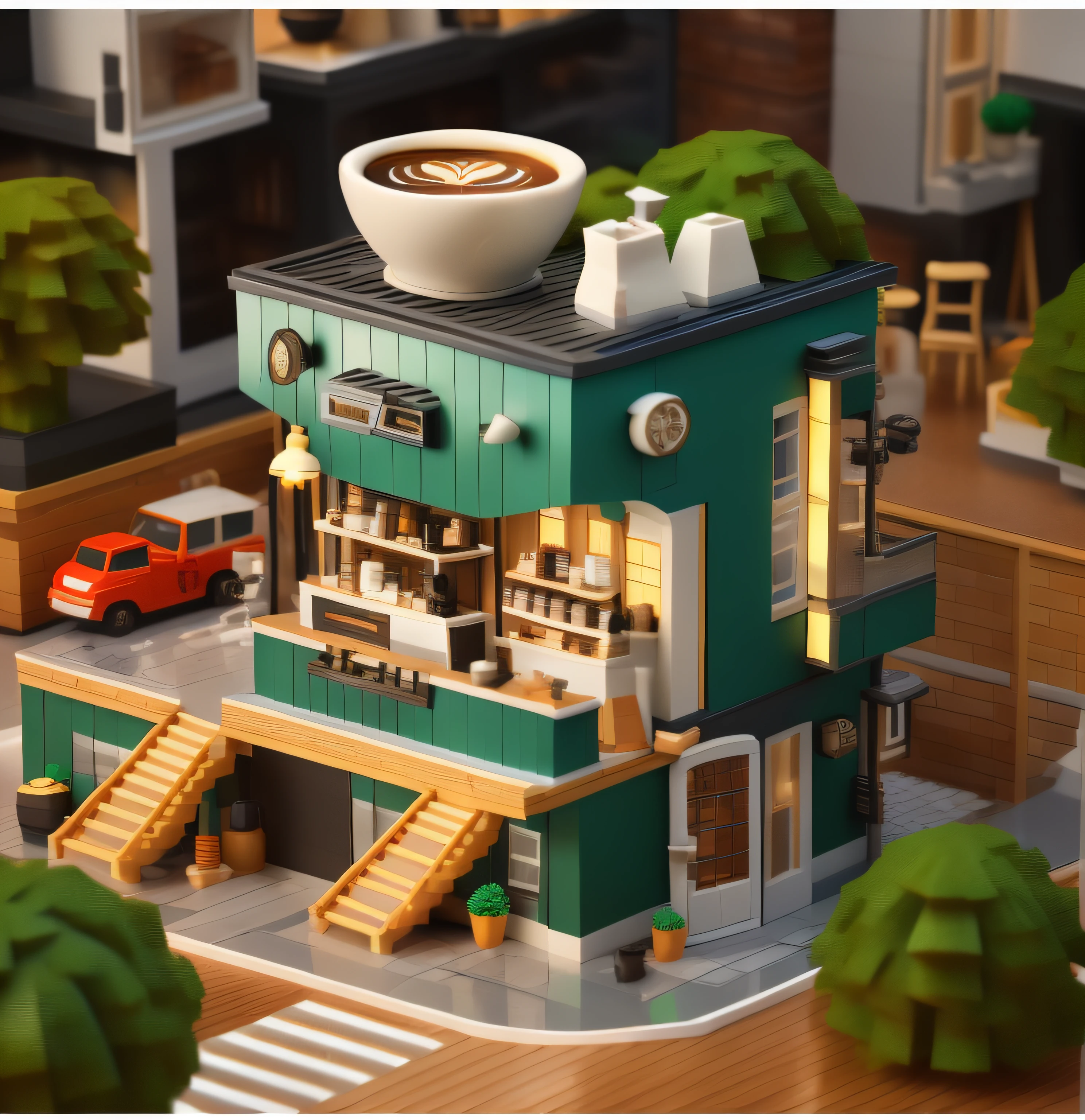 There is a miniature model of a coffee shop，Highly detailed visual espresso, stylized 3d render, hyper detailed 3d render, hyper detailed 3d render, 3 d stylize scene, hyper detailed scene, 3 d render stylized, highly detailed scenario, highly detailed 3d render, highly detailed 3d render, miniature cafe diorama