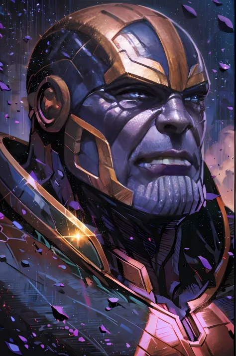 thanos en el espacio con una lluvia de meteoritos al fondo, traje de ironman, cuerpo fuerte, cuerpo perfectamente detallado, ojo...