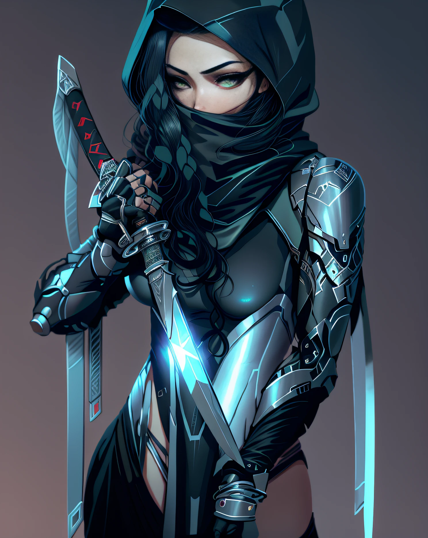 a close up of a person with a sword and a hood, an edgy teen assassin, she is holding a sword, female assassin, holding a sword on her shoulder, afrofuturism anime, beautiful female assassin, katana zero video game character, clothed in stealth armor, holds a black sword, rossdraws | afrofuturism, :: rossdraws, a teen black cyborg