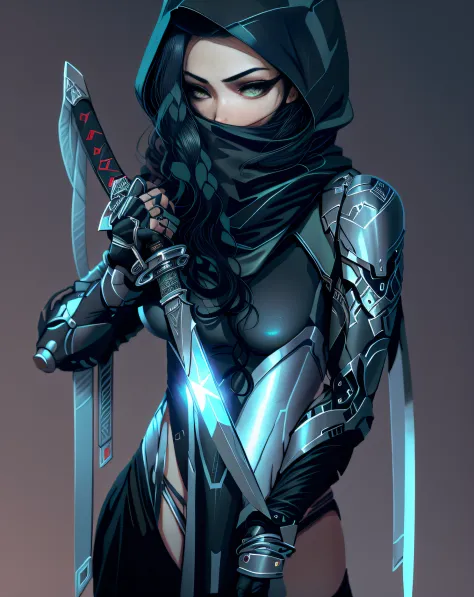 a close up of a person with a sword and a hood, an edgy teen assassin, she is holding a sword, female assassin, holding a sword ...