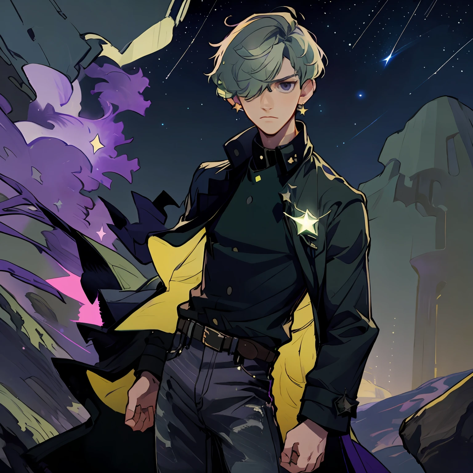 solo, 1boy, handsome, bangs cover one eye, light green hair, short hair, purple coat, star pattern black shirt, black jeans, cowboy shot, on a cliff, wind, stars, starry sky, glowing hands, energy hands