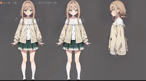 ((masterpiece)),(((best quality))),(character design sheet,same character,front,side,back), Reference sheet of a cute girl, long dark brown hair, with bangs, peekaboo blonde hair, green eyes, korean cute fashion clothes with short skirt , detailed face, de...