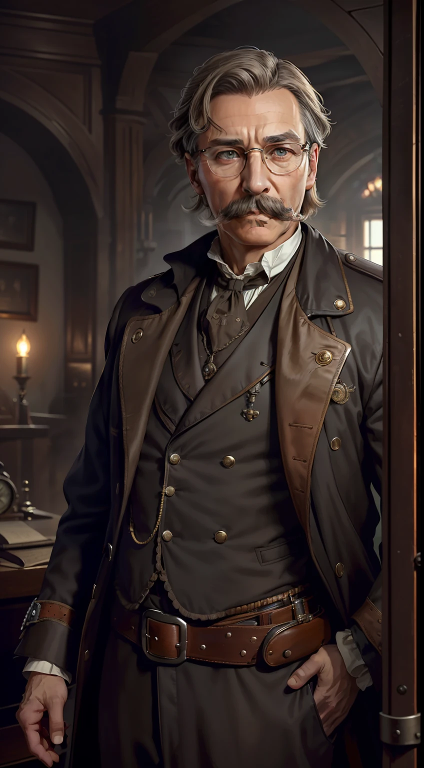 A man, (((solo))), (middle-aged, 50 years old, white skin, light brown hair with gray parts, small round glasses, voluminous Friedrich Nietchzse mustache), (wears Victorian detective clothes, steampunk), (gunslinger)