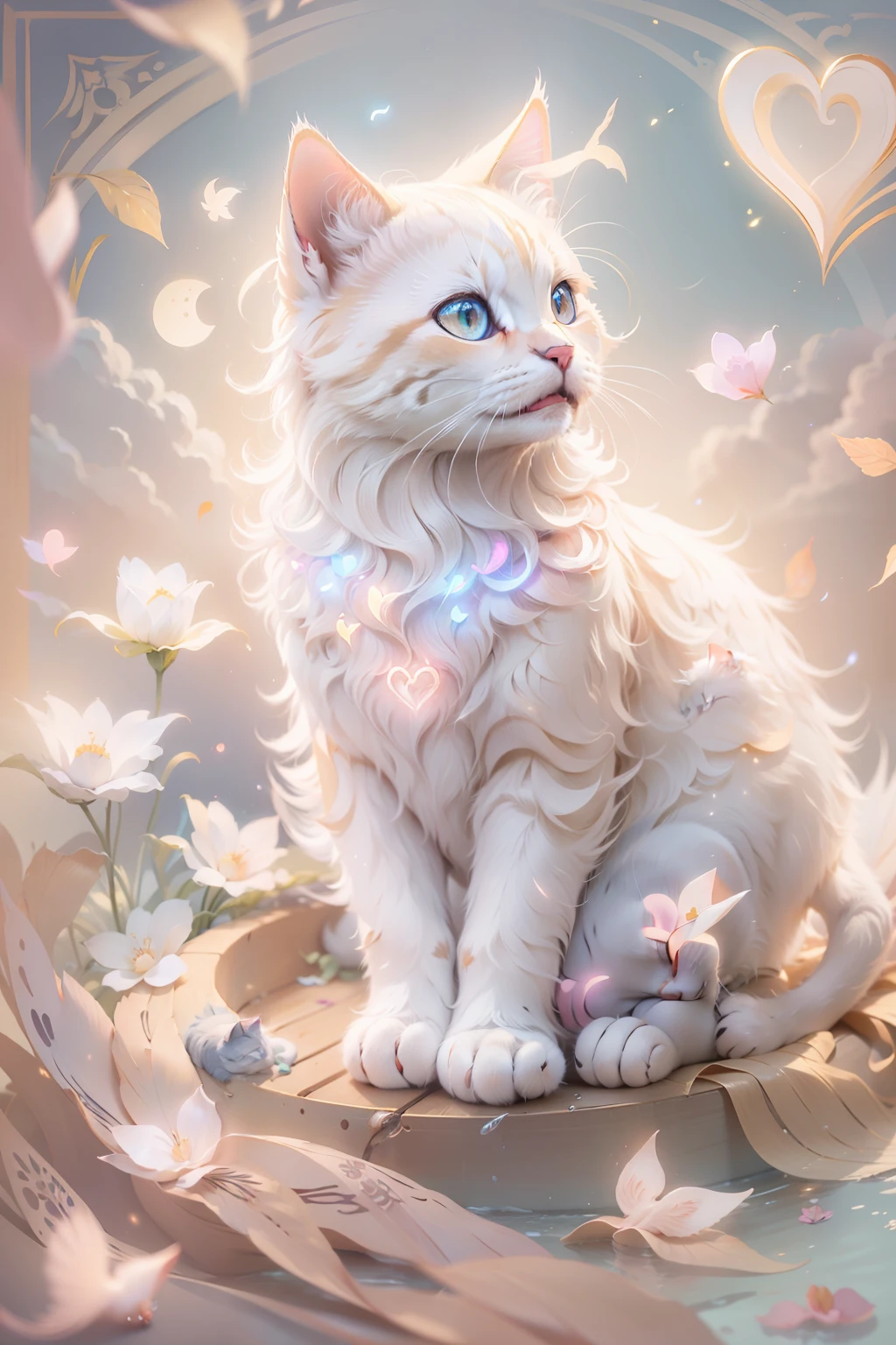 천사와 고양이、온화하고 아름다운、축하해요、밝은 미소、즐기다、축복､푹신푹신、하트마크、무지개 빛깔의 색상