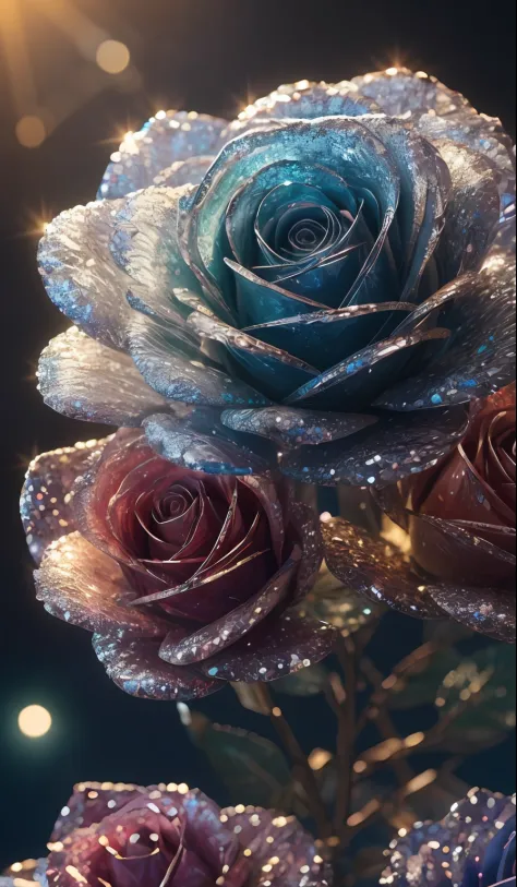 Crystal roses， fanciful, galaxias, cleanness, glittery, glittery, splendor, Colorful, Amazing photography, dramatic  lighting, photo-realism, ultra - detailed, 4k, depth of fields, A high resolution