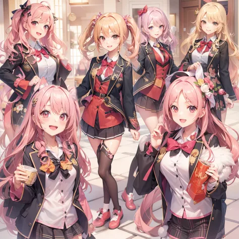 harems　Multiple girls are depicted　a smile　a blond　Pink hair　校服　blazers　top-quality　​masterpiece　超A high resolution