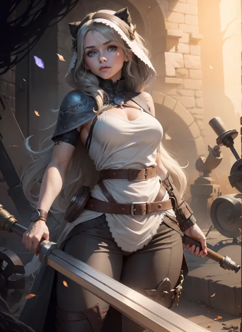 Please generate an imagine in a drawn fantasy-like art style for me. This image should contain parts of a strong human female closed mouth small nose that is around 30 years old and has grey-blond shoulder long hair. Focus on her arms and make sure that sh...
