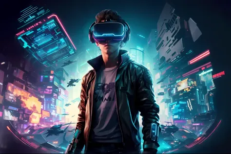 A man in a black jacket and glasses stands in front of a futuristic city，VR games，cyberpunk atmosphere，cyberpunk atmosphere，Go d...