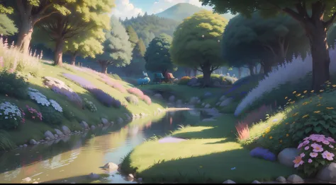 Cute Magical Garden, style of Studio Ghibli, bright colors, vibrant wildlife, meadow, river, Cinematic Lighting, Ultra Photorealistic, Ultra Detailed, Octane Render, High Quality, 8k