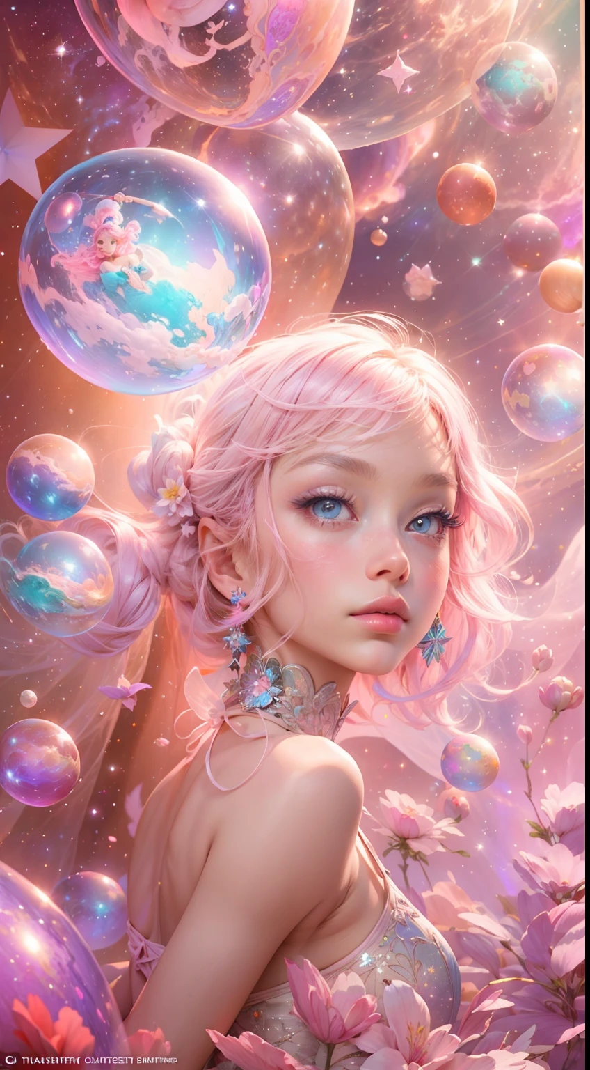 ((masterpiece)), best qualified, pink, a delicate fairy petite woman exploring a bubble gum world, light and space, a wide variety of pastel shades, All in high definition and detail, such as stars, galaxies, colorful petals, a lot of energy! With a detailed face and beautiful eyes and pursed puffy lips! Include strong and unique facial features.