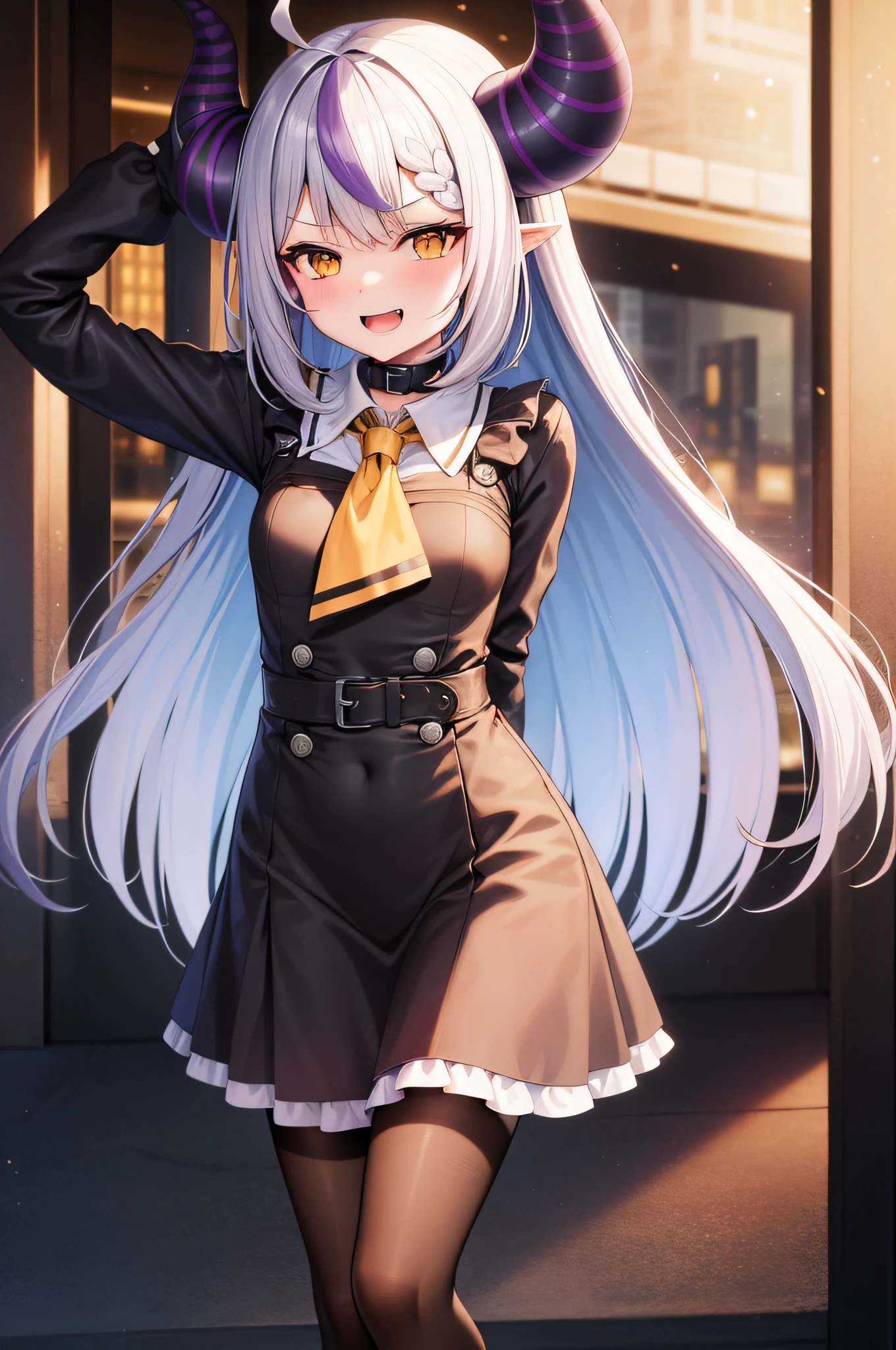 masutepiece, top-quality, High resolution, 1girl in,2D,animesque,sleeves past wrists, sleeves past fingers, braid, Long sleeves, single leg pantyhose, yellow ascot, ascot, Black footwear, Dress, Metal collar, long boots, Black Dress, Collar, pantyhose, single thighhigh,Cyberpunk City,Evil smile,arms behind back,Opening Mouth