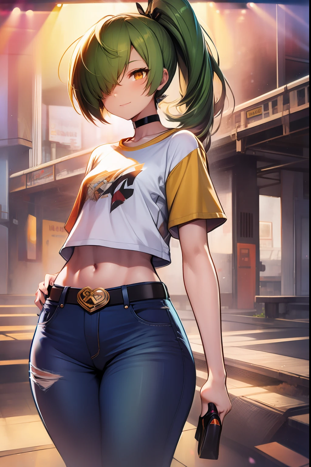 Curvy girl with green hair with fluffy ponytail and bang covering one eye, dull orange eyes and flat chest wearing a choker, happy, , bare legs, wide hips, bangs, (flat chest), ((flat chest)), bangs, yellow t-shirt with a red sun stamp, brown old jeans pants and a golden heart shaped belt, platform high heels, solo, mature body, casual, full body