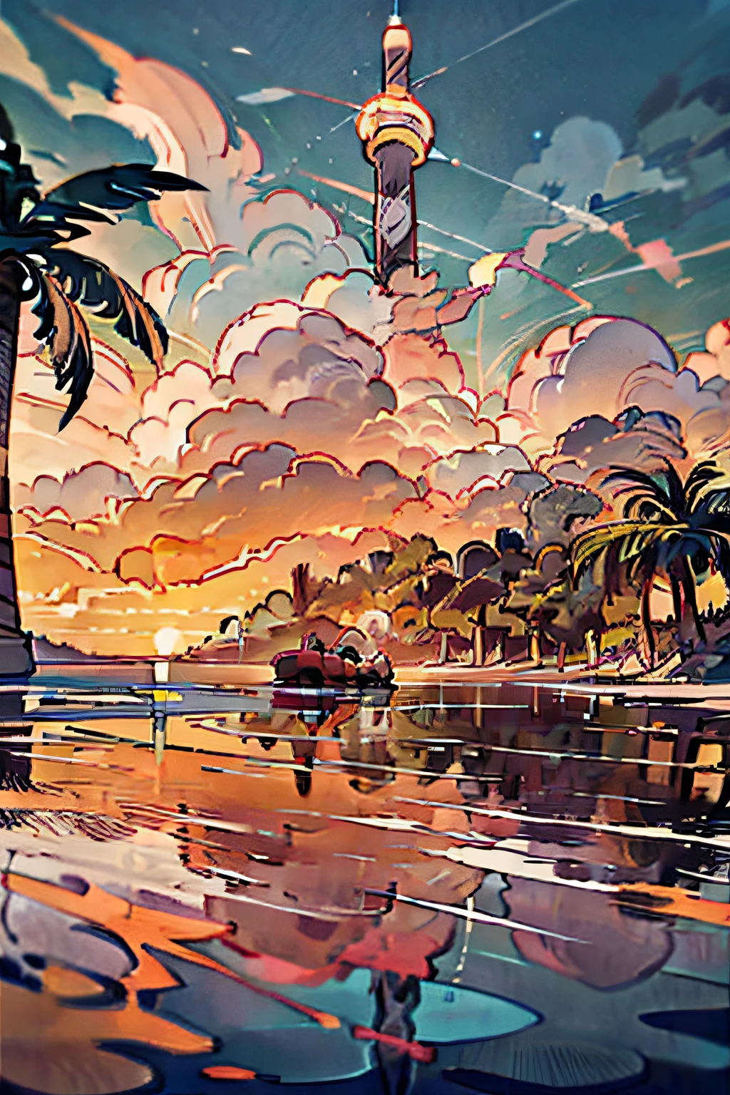 An absolutely mesmerizing sunset on the beach, with a mix of orange, pink, and yellow in the sky. The water is crystal clear, gently kisses the coast, and the white sand is endless. The scene is dynamic and breathtaking, with seagulls soaring high in the sky and palm trees swaying softly. Immerse yourself in the calm atmosphere and let the serenity surround you.