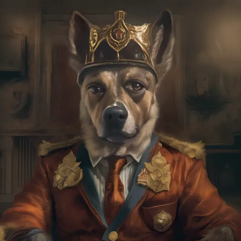 A photo of a dog-man hybrid, num trono, como presidente, bloodthirsty dictator, poderoso, soberbo, imponente, 8K