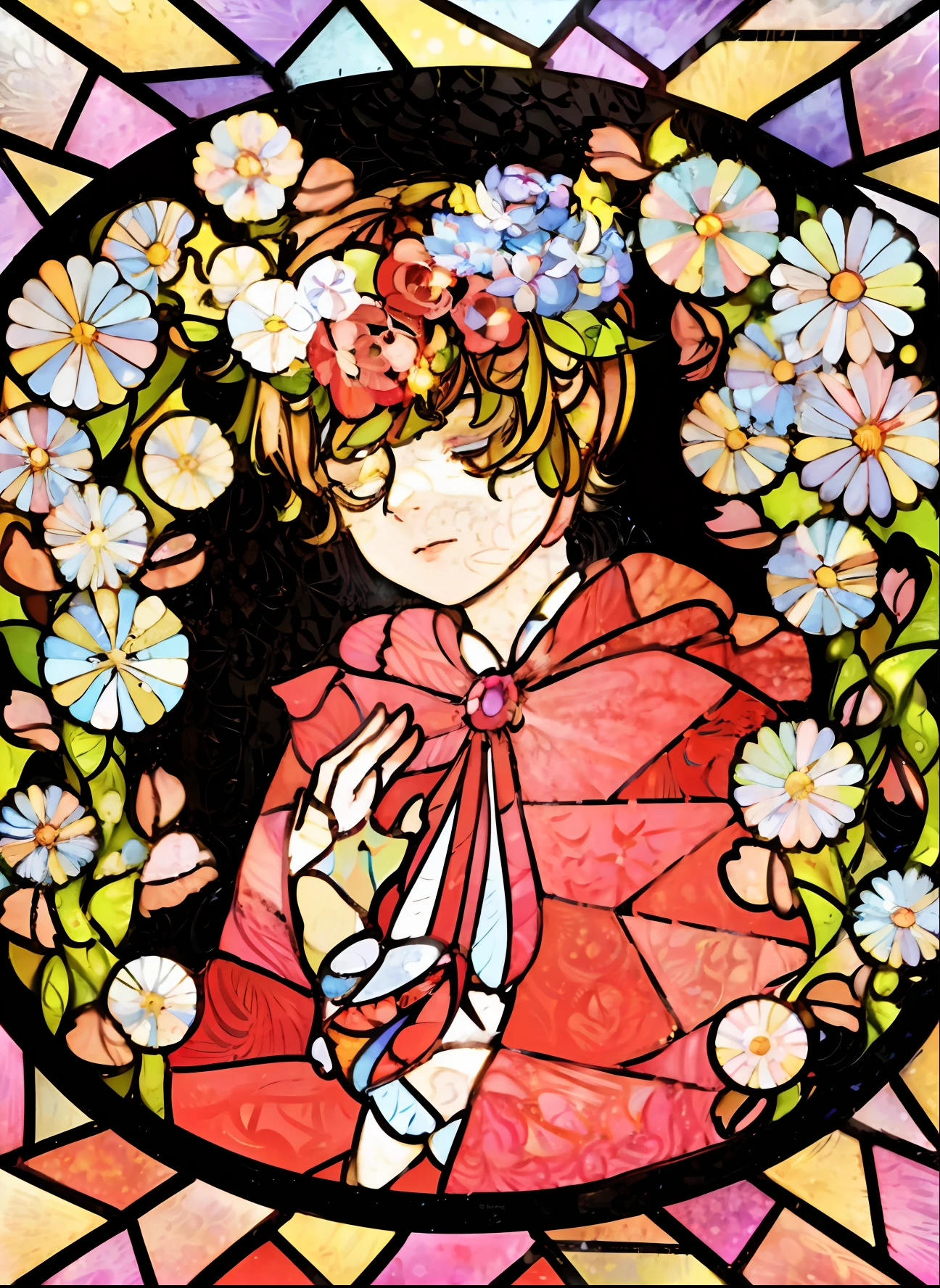 a close up of a stained glass picture of a woman in a red dress, coronation of the flower prince, the flower prince, anime art nouveau, anime art nouveau cosmic display, korean art nouveau anime, stained glass style, flat cel shading mucha, flat shading mucha, inspired by Alfonse Mucha, alsphonse mucha, stained glass art, romanticism lain