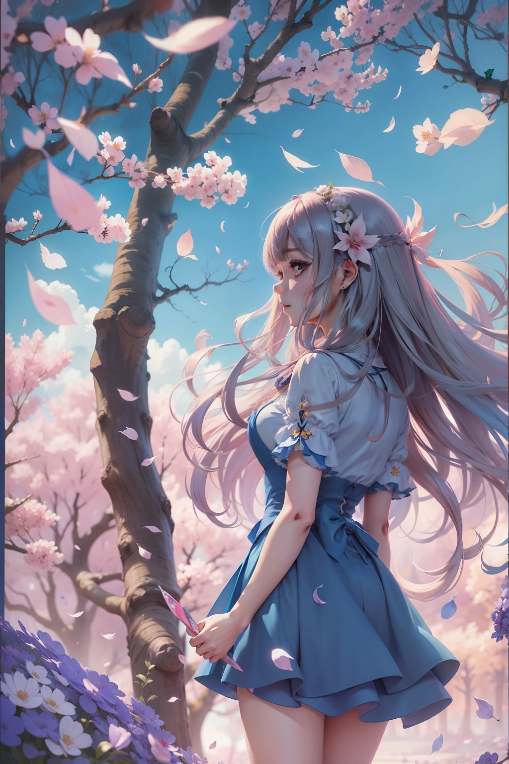 anime girl with long hair and blue dress standing in front of a tree ...