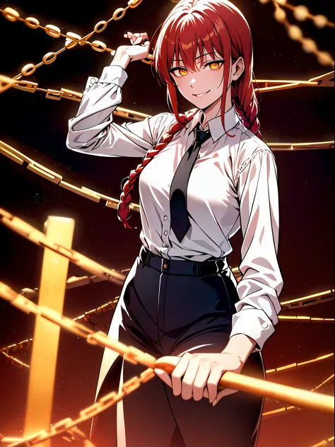 makima\(chainsawman\), best quality, ultra detailed, 1girl, solo, standing, red hair, long braided hair, golden eyes, bangs, med...