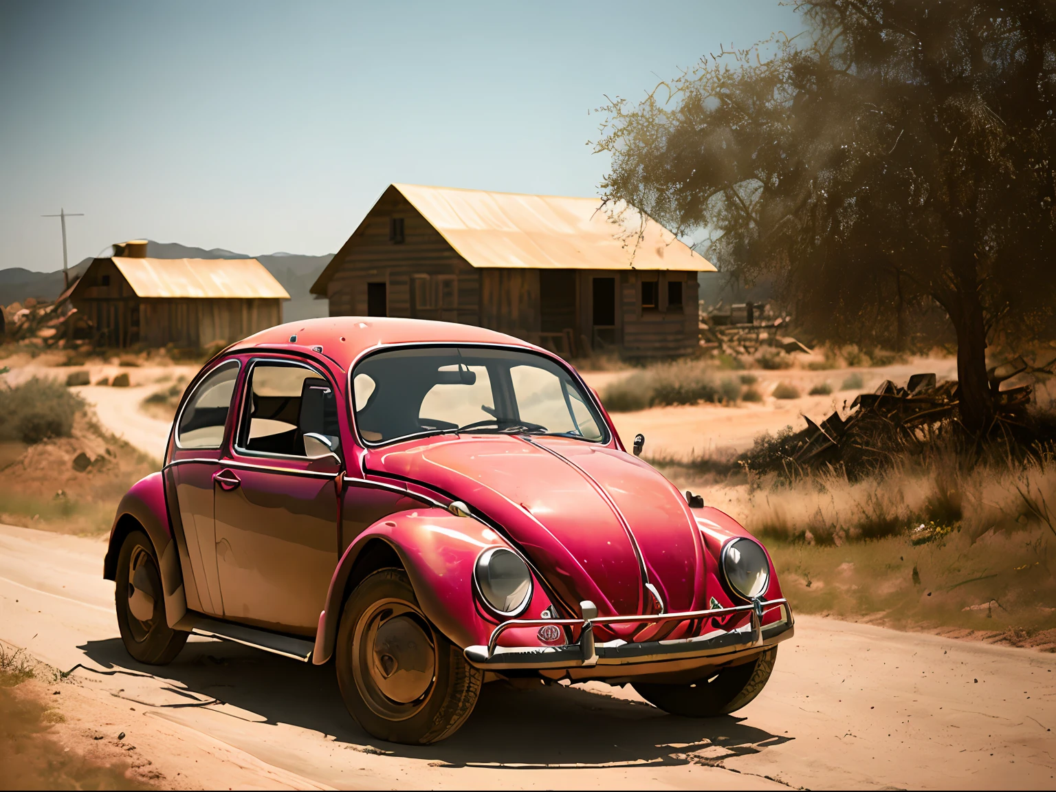 analog gloomy photo of a (dark red) Volkswagen Beetle car, ((three quarter view)), (dark sunset), driving on a dirt road, (dilapidated town), 1969, ((horror movie)), slasher film, texas chainsaw massacre, amish cult, film grain, retro,  High Detail, Sharp focus, ((photorealism)), realistic, best quality, 8k, award winning, dramatic lighting, epic, cinematic, masterpiece