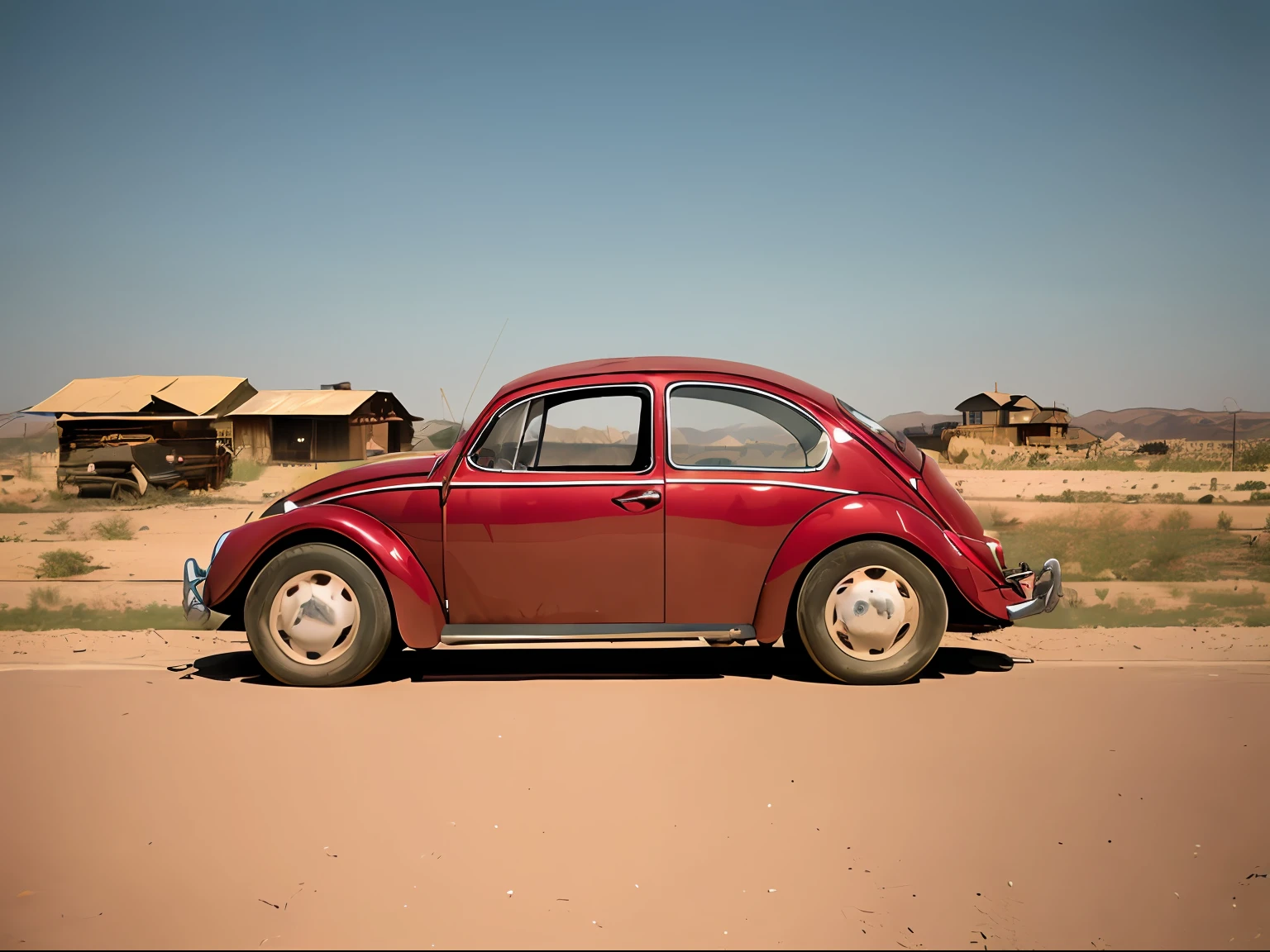 analog gloomy photo of a (dark red) Volkswagen Beetle car, ((three quarter view)), (dark sunset), driving on a dirt road, (dilapidated town), 1969, ((horror movie)), slasher film, texas chainsaw massacre, amish cult, film grain, retro,  High Detail, Sharp focus, ((photorealism)), realistic, best quality, 8k, award winning, dramatic lighting, epic, cinematic, masterpiece