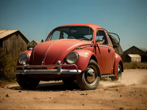 analog gloomy photo of a (dark red) Volkswagen Beetle car, ((three quarter view)), (dark sunset), driving on a dirt road, (dilap...