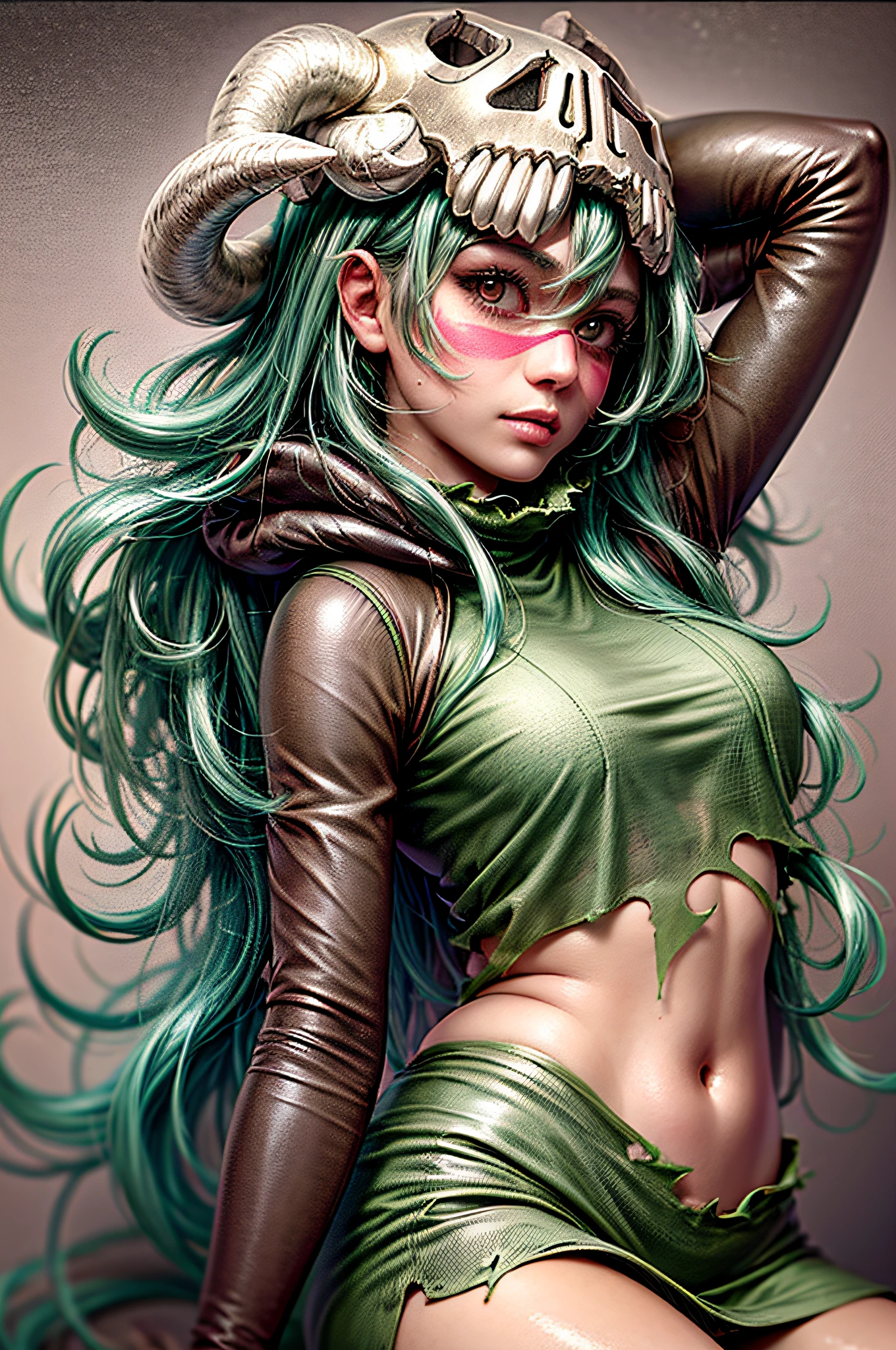(masterpiece, best quality:1.2), cowboy shot, solo, 1girl, odelschwanck, expressionless, closed mouth, looking at viewer, hand in own hair, green hair, skull, torn clothes, underboob, skirt