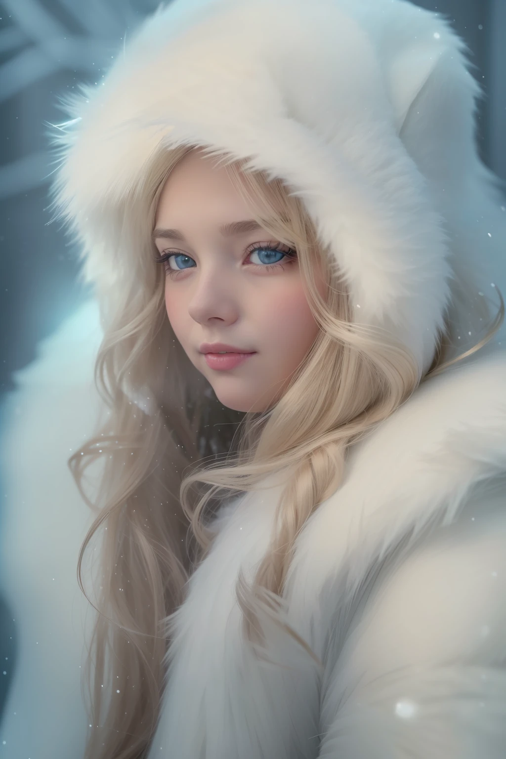 (raw photo: 1.2), (photorealistic: 1.4), (best quality: 1.4), (ultra highres: 1.2), (highly detailed: 1.3), (HDR: 1.2), (cinematic lighting: 1.3), (detailed eyes), (detailed facial features), (detailed fur), (snowy background: 1.2), blonde hair 8-year-old child, (body portrait 3/4: 1.2),, (soft fur: 1.2), (adorable:1.2), (looking at the viewer), (innocent expression), (soft lighting), (dreamlike), (fantasy:1.3), (ethereal:1.3),  (magical:1.2), (snowflakes: 1.2), (winter wonderland:1.3), (capricious:1.2), (funny:1.2).