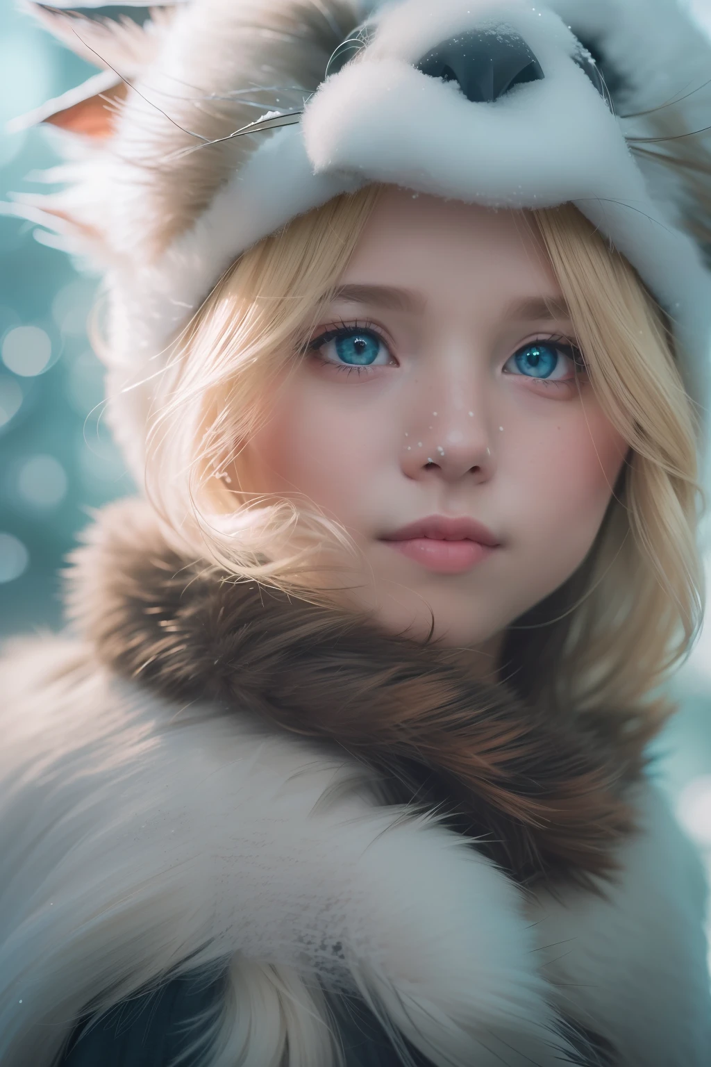 (raw photo: 1.2), (photorealistic: 1.4), (best quality: 1.4), (ultra highres: 1.2), (highly detailed: 1.3), (HDR: 1.2), (cinematic lighting: 1.3), (detailed eyes), (detailed facial features), (detailed fur), (snowy background: 1.2), blonde hair 8-year-old child, (body portrait 3/4: 1.2),, (soft fur: 1.2), (adorable:1.2), (looking at the viewer), (innocent expression), (soft lighting), (dreamlike), (fantasy:1.3), (ethereal:1.3),  (magical:1.2), (snowflakes: 1.2), (winter wonderland:1.3), (capricious:1.2), (funny:1.2).