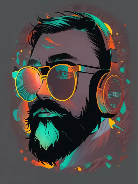 bearded face silhouette illustration, headphones and eyeglasses, glasses lenses with colored reflections